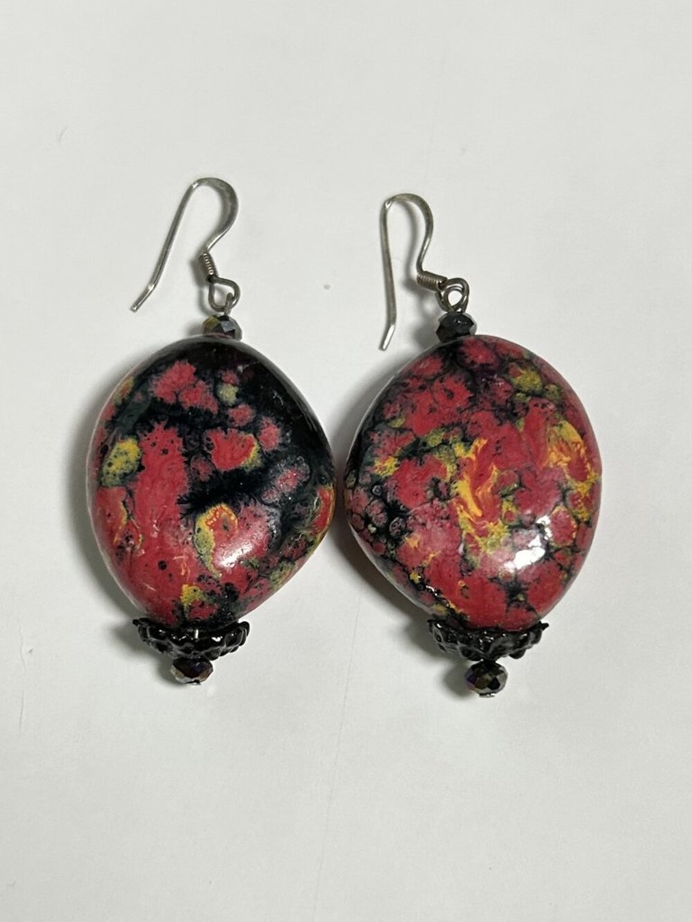 Artisan Red Yellow Speckled Stone Oval Dangle Earrings Silver Wires
